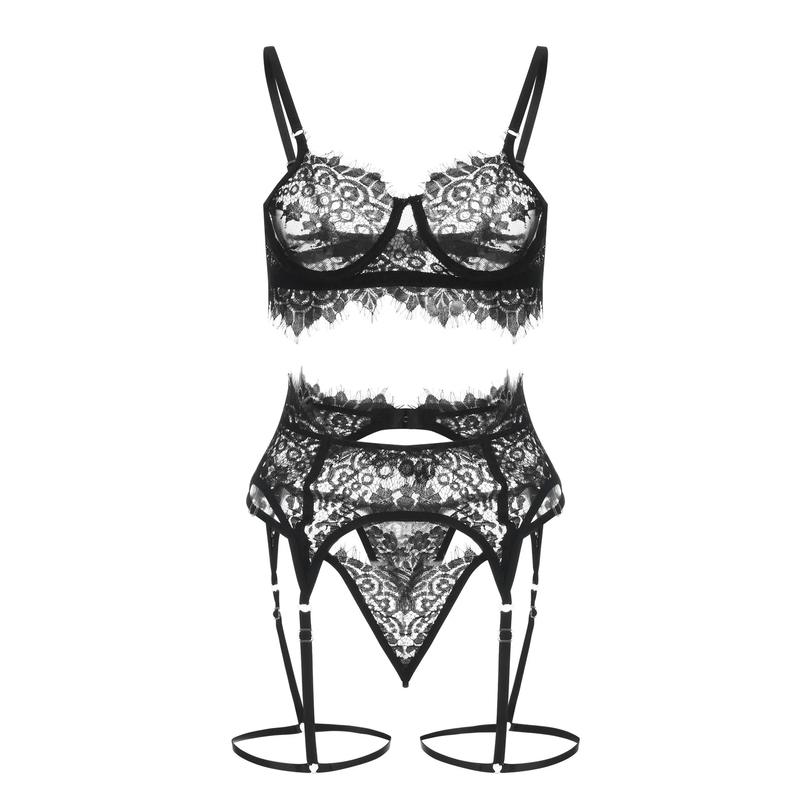 

Fashion 2021 New Summer Women's Sexy Lace Hollow Out Bra Thong Garters Belt Suspender Three Piece Sets Nightwear Lingerie