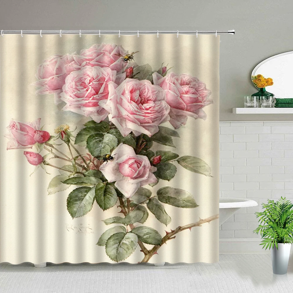 

Водонепроницаемая занавеска для душа, декоративная Штора для ванной комнаты, с розовыми цветами, бабочками, День святого Валентина