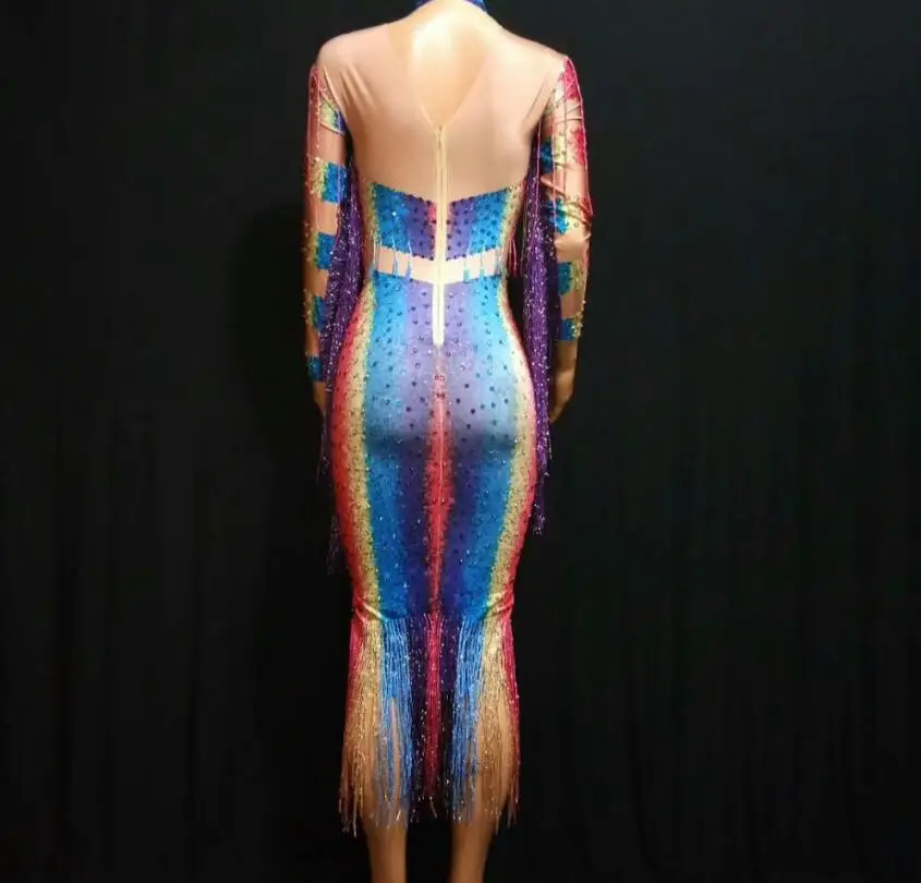 

Colorful Rhinestones Fringes Perspective Dress Evening Celebrate Spandex Dresses Tassel Costume Jazz Dance Dress