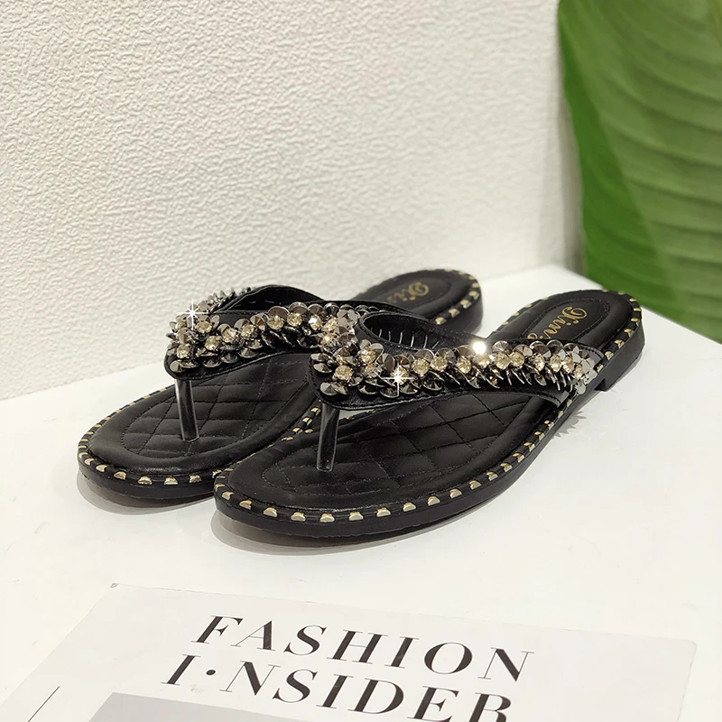 Plus Size 43 Sexy Rhinestone Slippers Woman Pinch Slides Flip Flops Womens 2020 Summer Shoes Leather Sandals Girls | Обувь
