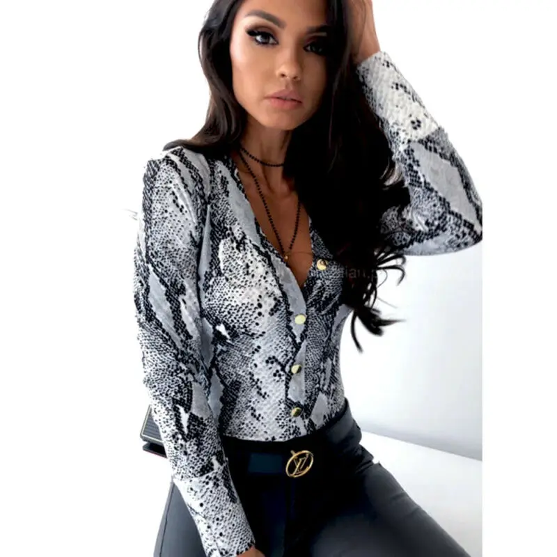 

Women V Neck Long Sleeve Romper Stretch Leotard Bodysuit Leopard Autumn Fashion Shirts Jumpsuits