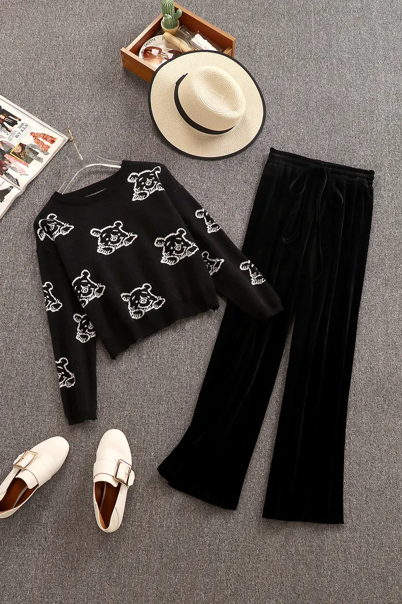 

New Black Pullover Knitted Sweater Women 2021 Spring Long Sleeve Knitwear Gold Velvet Wide Leg Long Pants Female 2 Pieces Set