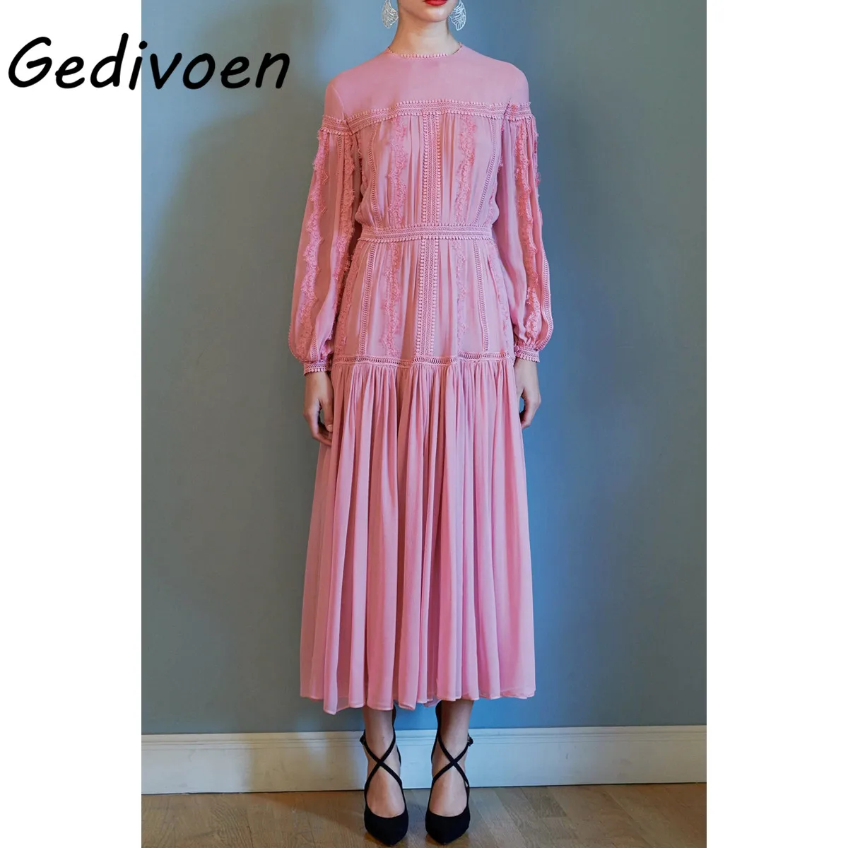 

Gedivoen Retro Pink Women Dress Round Neck Long Sleeve Lace Hollow Out Ankle-Length Dresses Female Fashion New