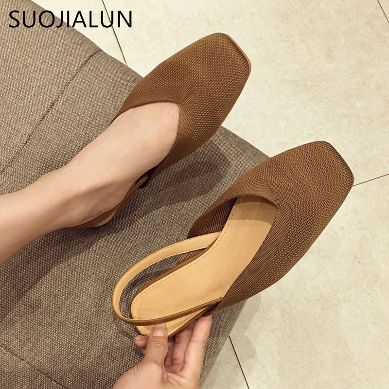 SUOJIALUN 2019 Summer Chic Knitted Flat Mules Women Low Heel Sandals Slip On Casual Square Toe Ankle Wrap Dress Shoes | Обувь
