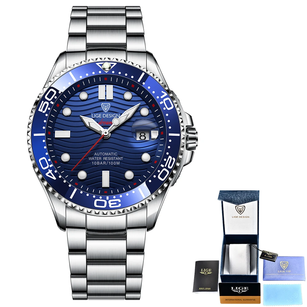 

LIGE DESIGN 2020 Luxury Men Mechanical Wristwatch All Steel GMT Watch Top Brand Sapphire Glass Men Watches reloj hombre+Gift box