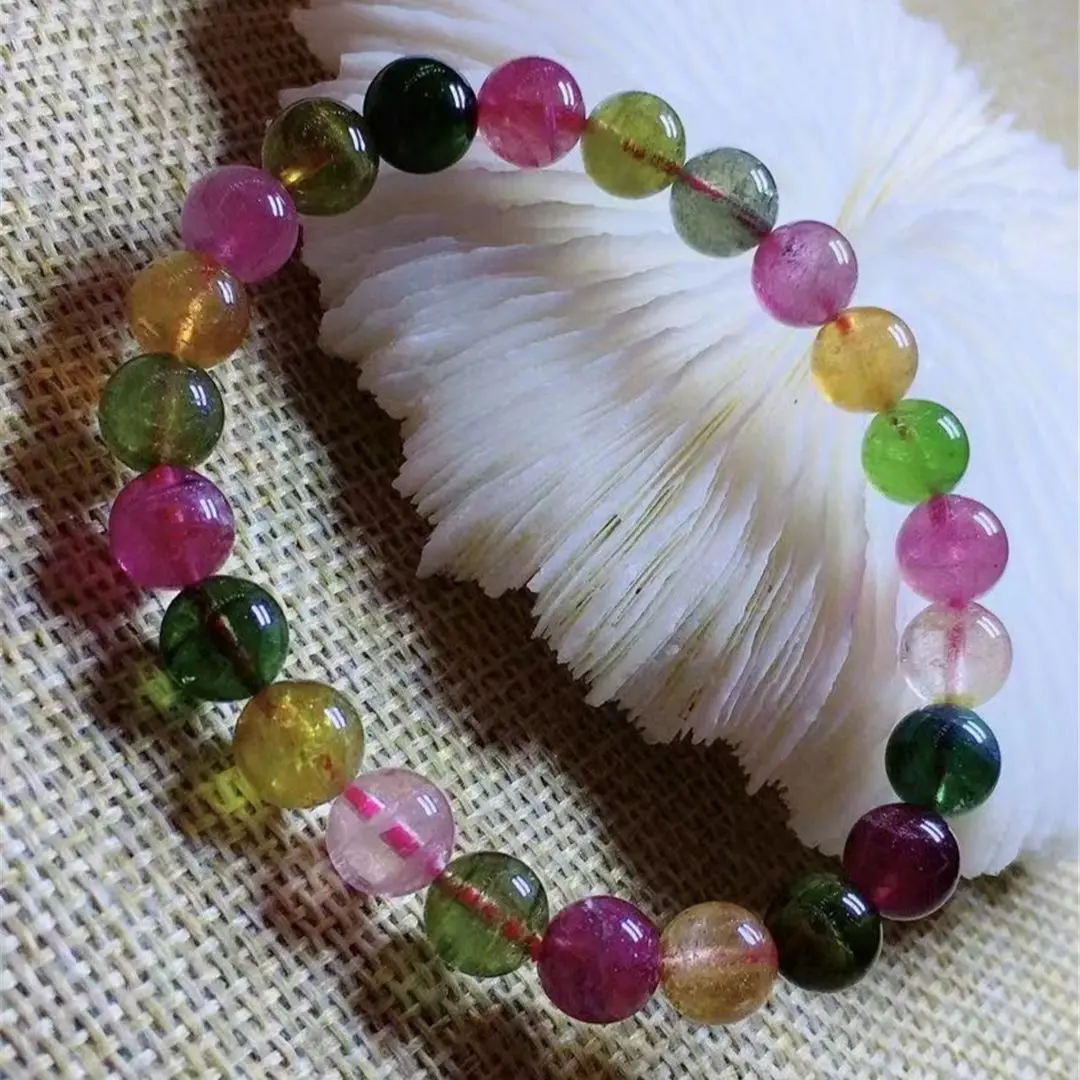 

8mm Natural Rainbow Tourmaline Quartz Bracelet Jewelry For Women Man Love Luck Gift Crystal Beads Reiki Gemstone Strands AAAAA