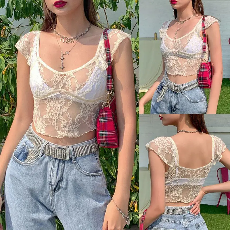 Женский цветочный кружевной топ с коротким рукавом сексуальные сетчатые