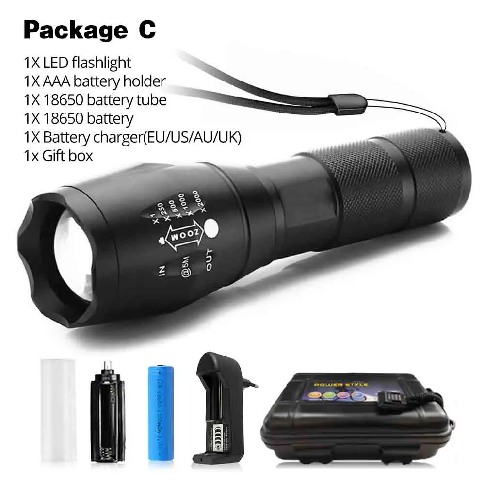 Package C Светодиодный светильник-вспышка, ультра яркий фонарь T6/L2/V6, походный светильник, 5 режимов переключения, водонепроницаемый, масштабируемый, велосипедный светильник с батареей 18650 - Испускаемый цвет: Package C