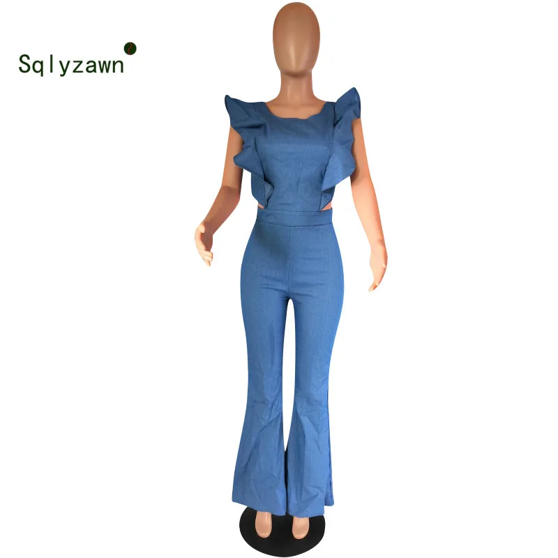 

Women Candy Color Denim Rompers Jumpsuit Summer Overalls Casual Ruffles Denim Playsuits Plus Size Wide Leg Jeans Pant Jumpsuit