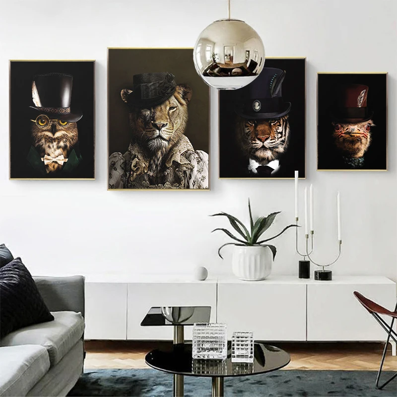 

Animals in Hats Canvas Painting Lion Elephant Bear Gorilla Posters and Prints Wall Art Pictures For Living Room Home Decoration
