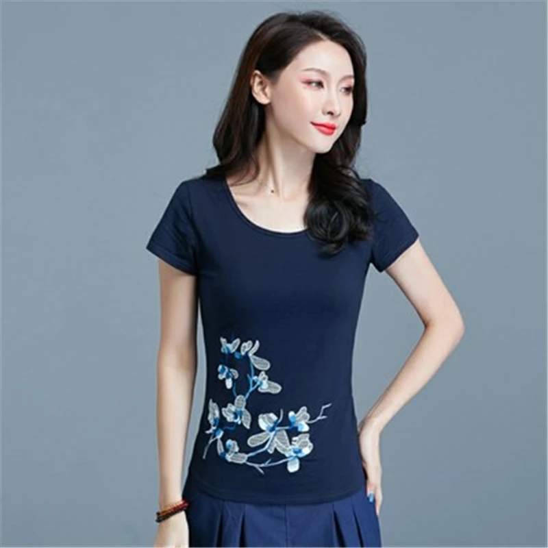 

Summer T Shirt Women Elegant Vintage Harajuku Tee Tops Fashion Camisetas Mujer Chinese Style Pullover Cotton O-Neck Short Lace