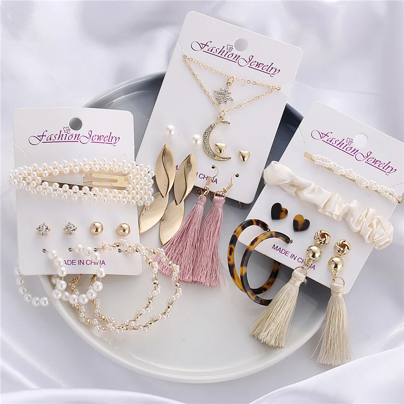 Женские серьги с кисточками минималистичные из ацетата и жемчуга набор