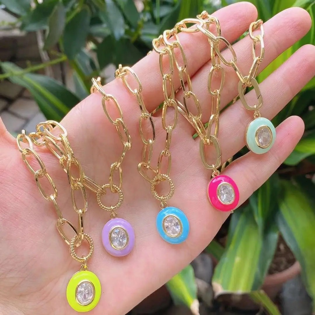 

5PCS, Gold Oval Necklace For Women Stone Enamel Pendant Necklace Link Chain Jewelry Gifts