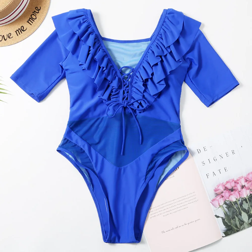 Темно синий слитный купальник с плечами Женский однотонный монокини завязками