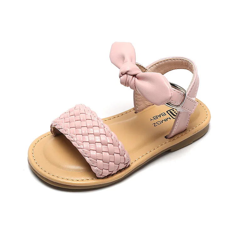 

Girls Woven Sandals 2022 Summer New Soft Bottom Cork Bow-knot Cute Princess Shoes Fashion Flats Chic Sweet 21-30 Non-slip