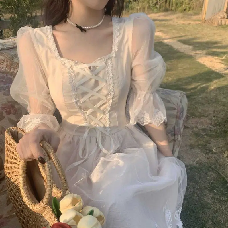 

2021 Autumn Lace Sweet Elegant Dress Women Evening Party One Piece Dress Korean Kawaii Short Sleeve Dress Female Square Collar