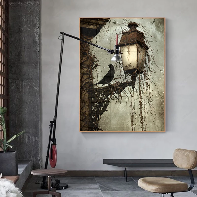 

Wall Art Crow Street Lamp Canvas Painting Nordic Posters And Prints Vintage Style Pictures Mural For Living Room Bar Decor