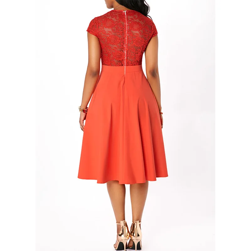 

European Style 2021 Summer Women Fashion Elegant Office Lady High Waist A-line Party Vintage Sexy V-neck Lace Patchwork Dress