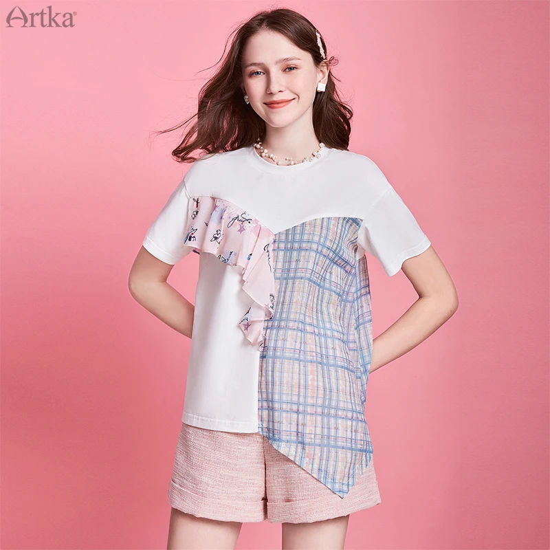 ARTKA 2020 Summer New Women T-shirt Fashion Casual O-Neck White Chiffon Patchwork Loose Short Sleeve T-shirts TA20002X | Женская одежда