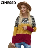 cinessd women leopard print tshirts casual tops 2020 round neck long sleeves burgundy pullover patchwork office lady tee shirts