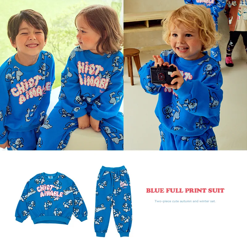 

Детский костюм осень 2021, новинка, Свитшот BE, корейский Синий Теплый свитер с полным принтом для щенков, повседневный костюм с брюками для мал...