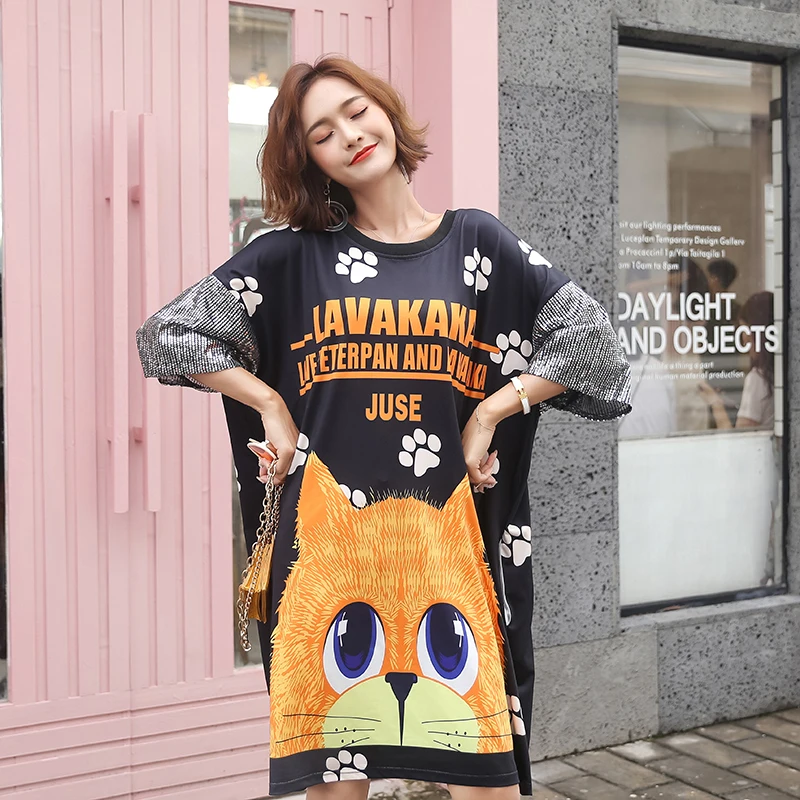 Женское платье с принтом в виде кота Vefadisa летнее платье-футболка блестками 2020