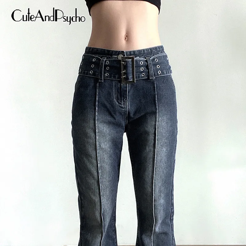 Retro Streetwear Hohe Taille Flare Jeans Grunge Schärpen Boot Cut Denim Hosen Rock 90s Vintage Mode Tuch Dünne Cuteandpsycho