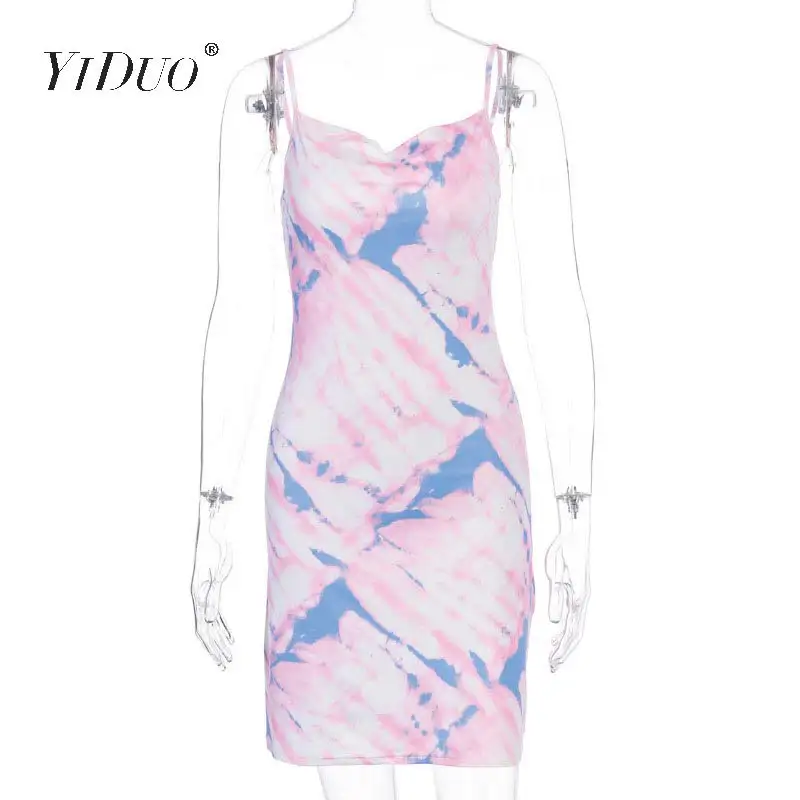 

YiDuo 2020 Sleeveless Tie Dye Print Sexy Mini Dress Summer Women Fashion Party Clubwear Female Bodycon Dress Vestidos Pink