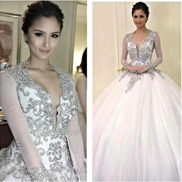 

custom sexy v-neck backless casamento wedding dress bride gown luxury long sleeve crystal vestido de noiva 2016 free shipping