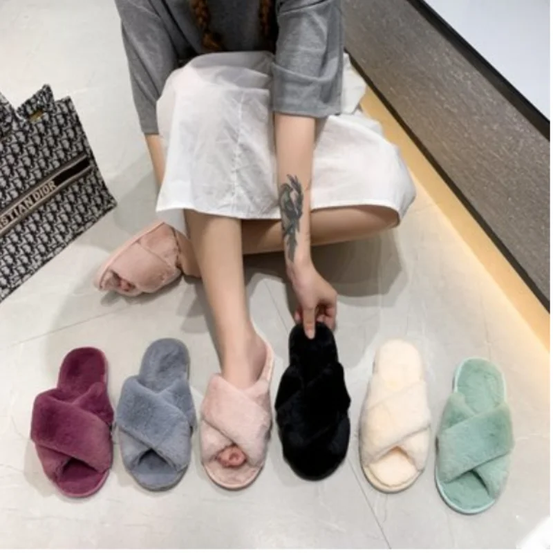 

Winter/Spring Women House Slippers Faux Fur Warm Flat Shoes Female Slip on Home Furry Ladies Slippers