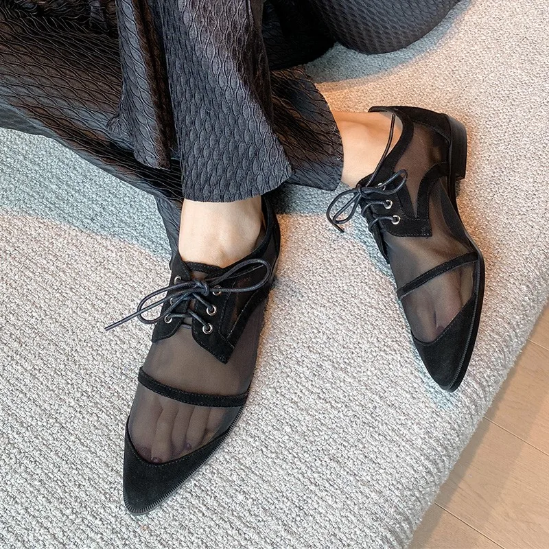 

Womens Casual Oxford Shoes Low Heels Spring 2021 Autumn Leather Suede Splicing Mesh Cross-tied Block Heeled Pumps Woman Size 41