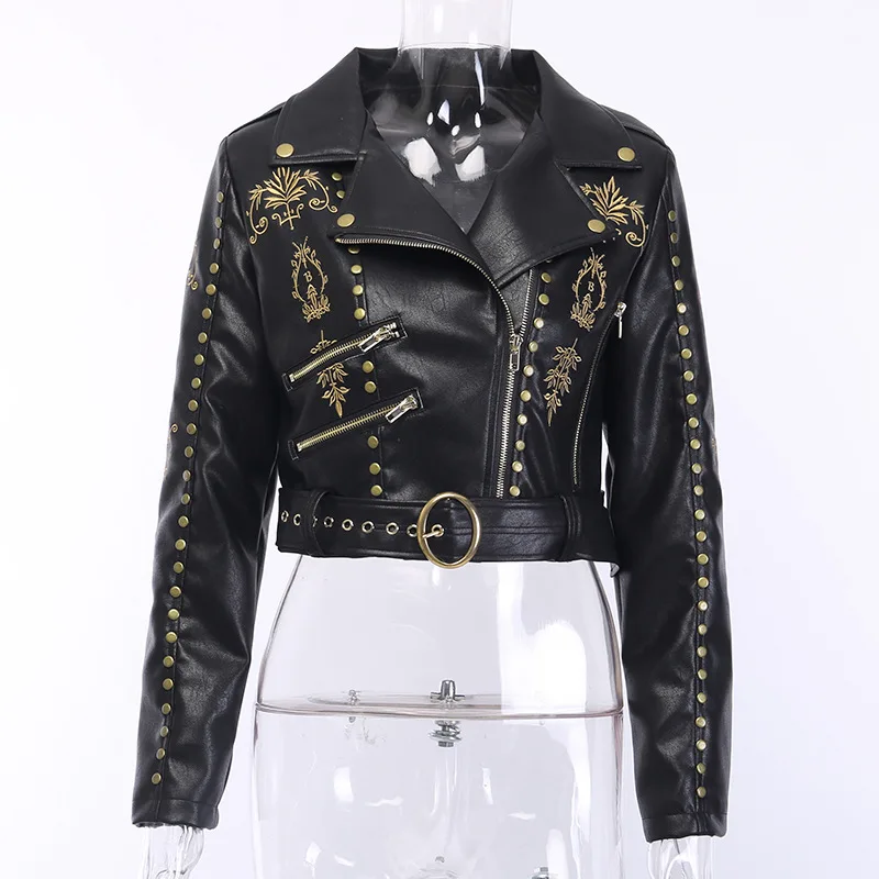 Куртки из искусственной кожи в готическом стиле; Женское пальто из искусственной кожи с заклепками в стиле панк; ковбойские мотоциклетные куртки для девочек; Повседневная винтажная верхняя одежда с принтом; осенне-зимние пальто