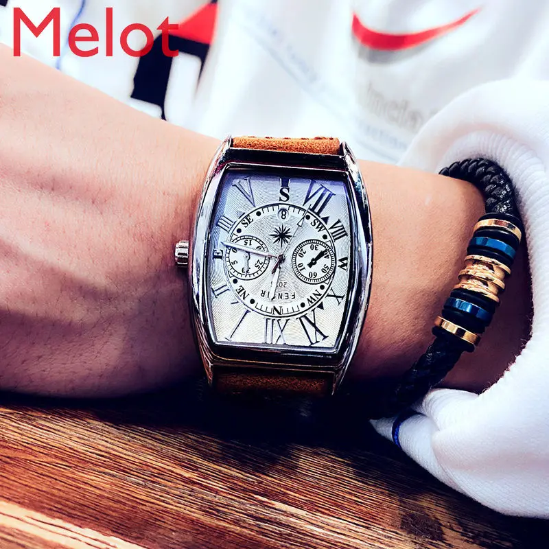 

Luxury Barrel-Shaped Watch Men's Korean-Style Fashion Scale Calendar Waterproof Watch Personal Leisure Student Quartz Watch