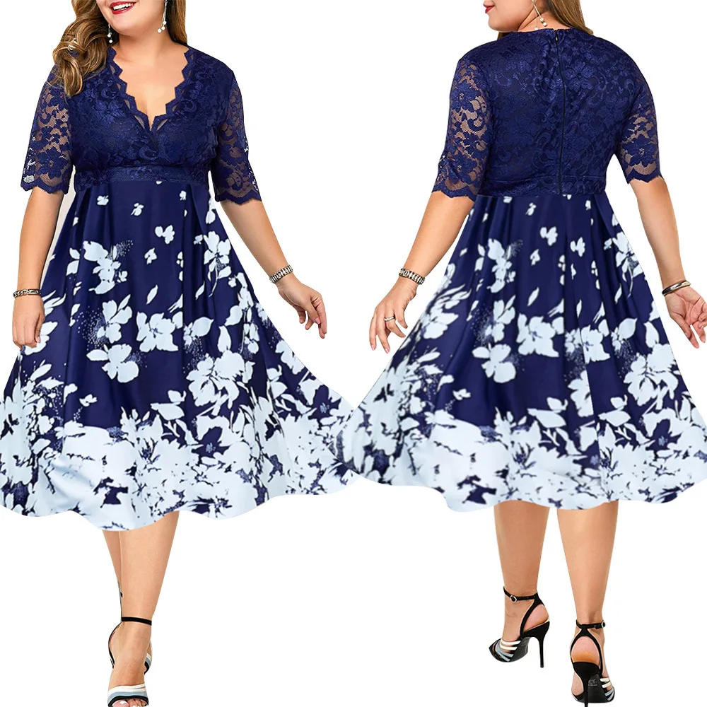 

V-neck Lace Lace Dress Banquet Party Elegant Elegant Dress Printed Stitching Large Size Spring and Autumn Women's Clothing