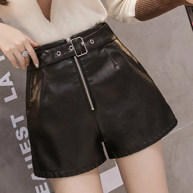 

Belt Black Leather Shorts Plus Size PU High Waist Fashion New Spring Summer Elegant Zipper Shorts Loose Women Short Pant Pocket