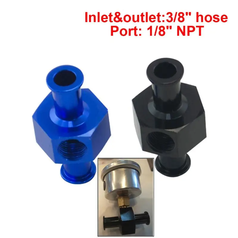 

3/8" Metal Fuel Pressure Gauge Inline Barb Adapter Connector with 1/8" Port Blue/Black