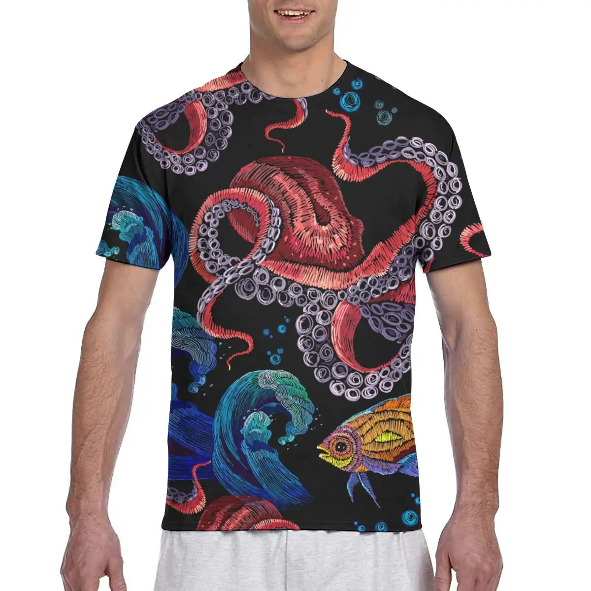 

Embroidery Octopus Sea Wave And Tropical Fishes Fashion T-shirt Men 2020 Summer Crew Neck Men's Tshirt Tee Shirts