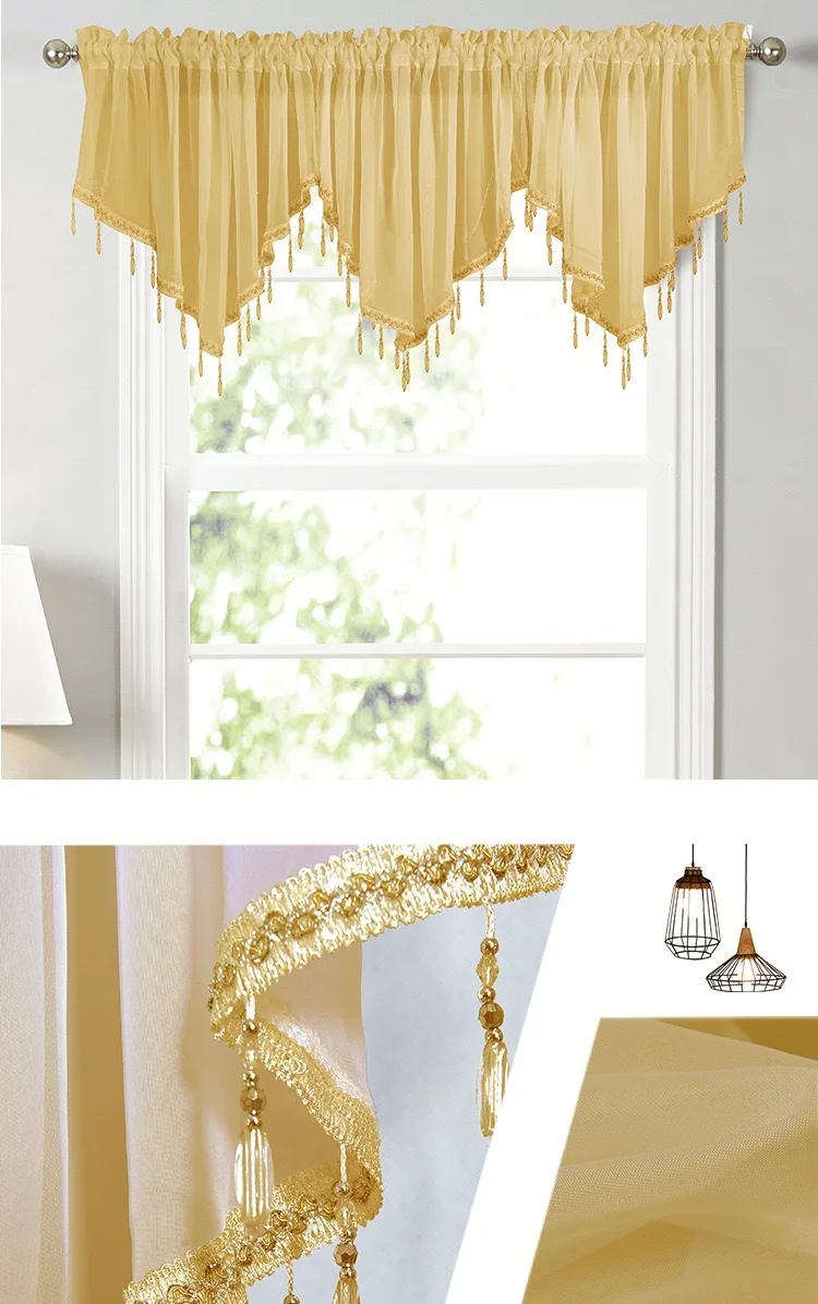 

Triangular Window Valance Beaded Drapery Colorful Romantic European Voile Tulle Short Curtain with Tassel