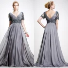 Серое шелковое шифоновое платье для матери невесты, платье с коротким рукавом и V-образным вырезом, аппликации из бисера для матери, свадебное платье для вечеринки, выпускного вечера, Новинка