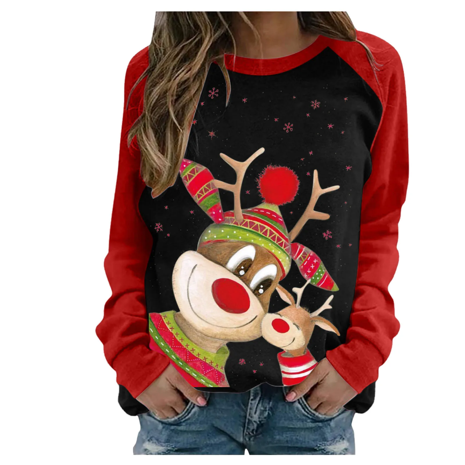 

Women Casual Hoodies Christmas Splicing Printing Raglan Long Sleeve Sweatshirt Tops Autumn Loose Round Neck Pullover Sweatshirts