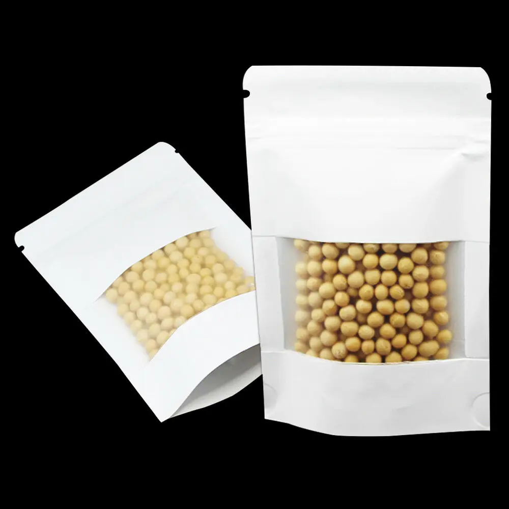 

White Zip Lock Stand Up Pouch Recyclable Tear Notch Nuts/Candy Preservation Bags Kraft Paper Food Pack Bags With Clear Window