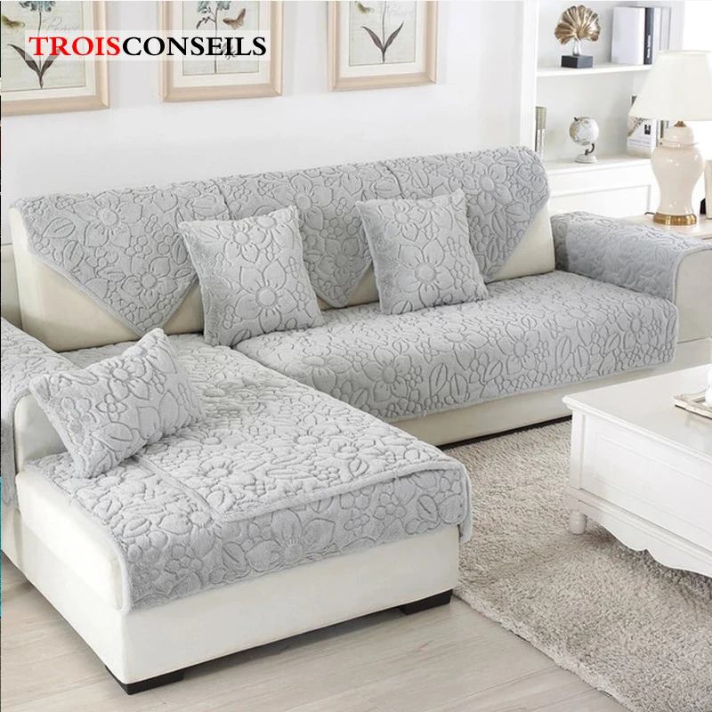 Мягкий плюшевый стеганый чехол для дивана с вышивкой L образный нескользящий