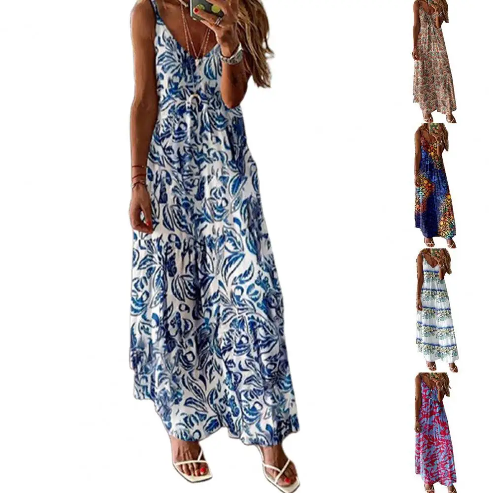 

Women Casual Dress 2021 Summer Fashion Slim Dress Positioning Print V Neck Women Sleeveless Spaghetti Strap Dress for Dating