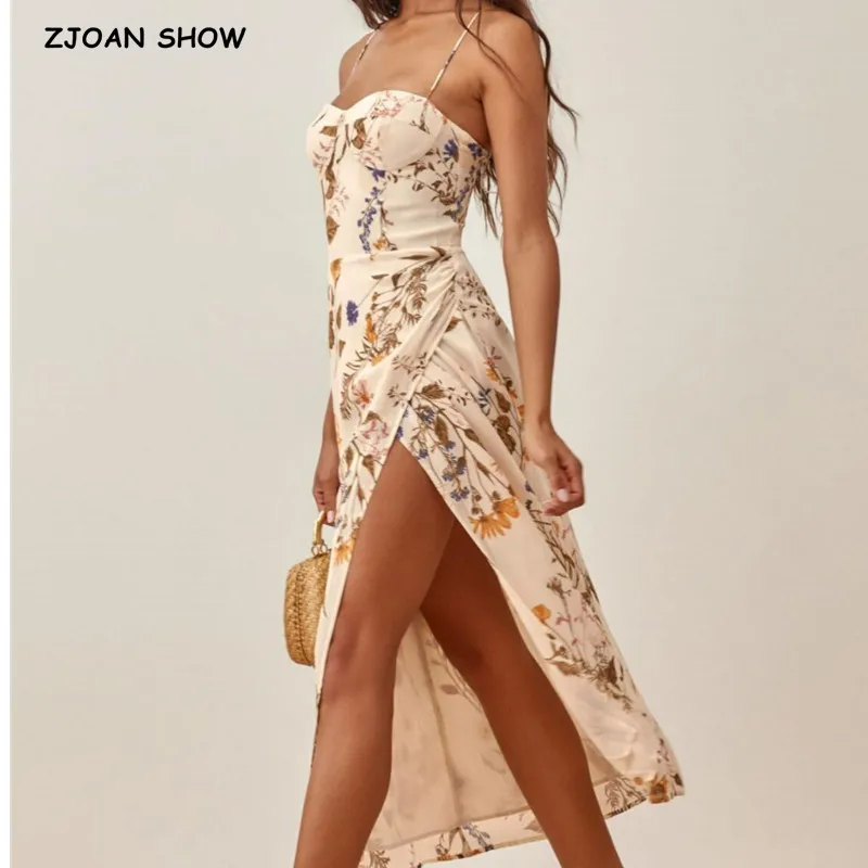 

Vintage France Floral Print Adjust Lacing up Spaghetti Strap Midi Dress Sexy Women Elastic Back Hem Split Sling Dresses