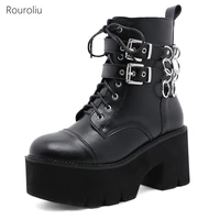 2021 autumn winter belt buckle side zipper platform motorcycle boots women round toe chunky heels ankle boots lace up