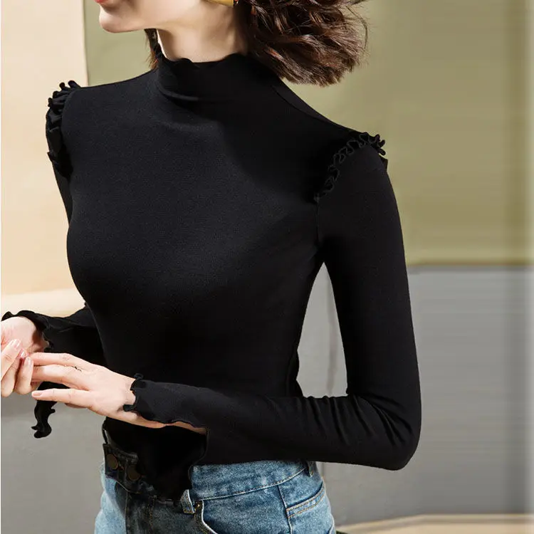 

Design sense niche ruffled high collar slim long sleeve t-shirt autumn new women's interior shirt ins top