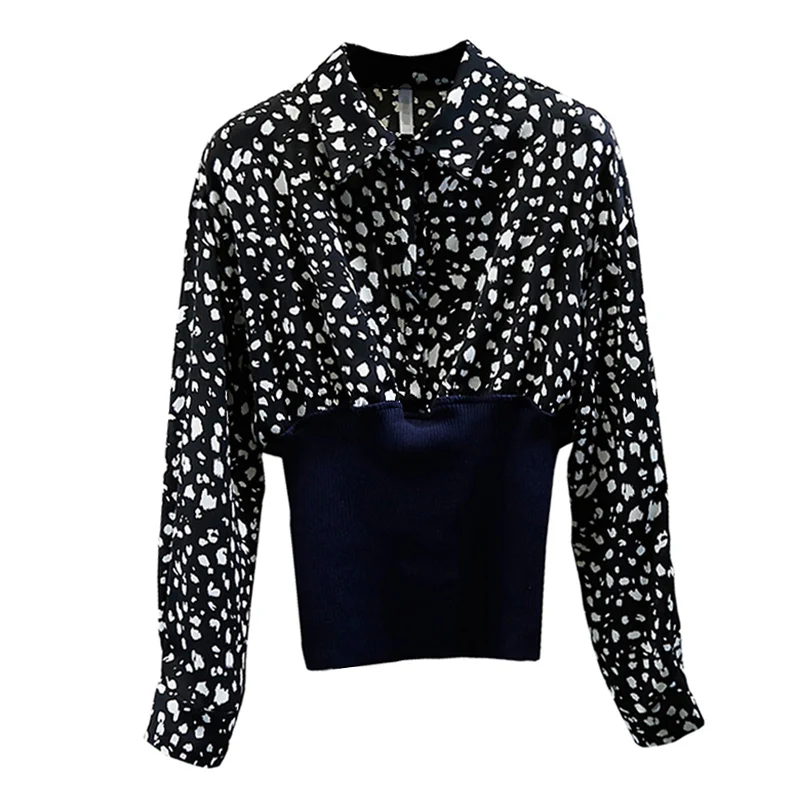 

2020 Sexy Black Blouse Office Lady Patched Knitted Design Nipped Waist Fall Tops Leopard Chiffon Shirt Women