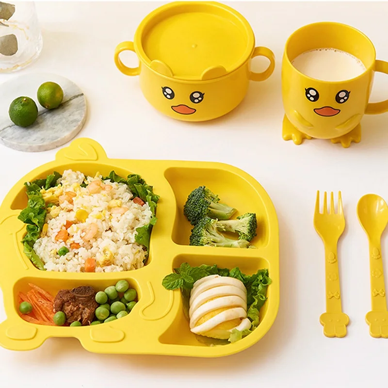 

Kids Dinnerware Set Dinner Feeding Food Plate Children Training Dishes Bowl Cup Spoon Fork Cute Duck Cartoon Tableware Set