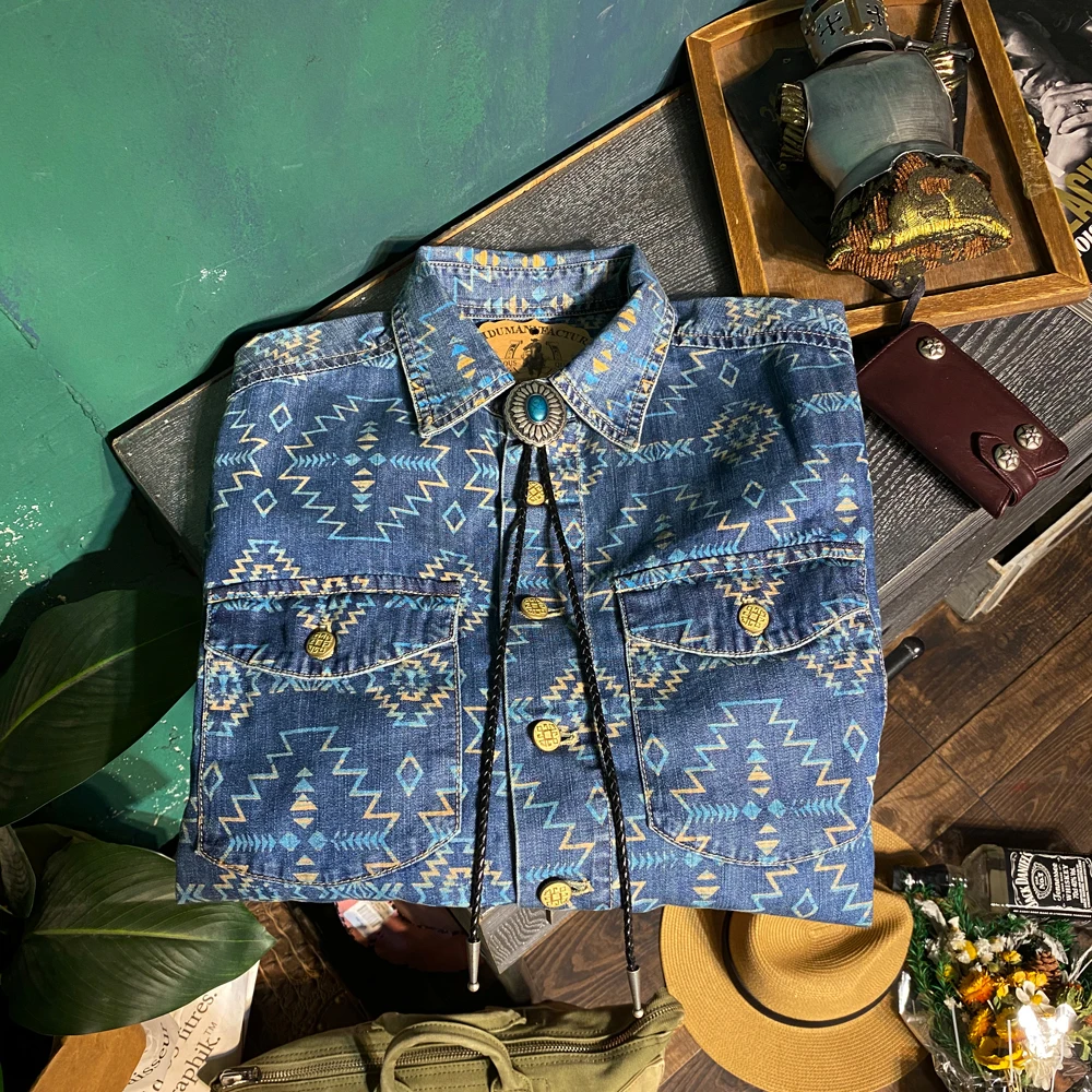 

CDS318 Cidu Big US Size Genuine Super Quality Vintage Stylish Durable Loose Fitting Mans Cotton Navajo Printing Denim Shirt