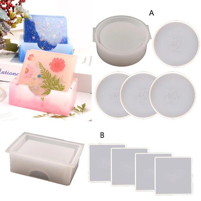 

L5YD 1 Set of Coaster Storage Box Mold Round Shape Square Shape Silicone Material Art Crafts Supplies Home Decor Gifts